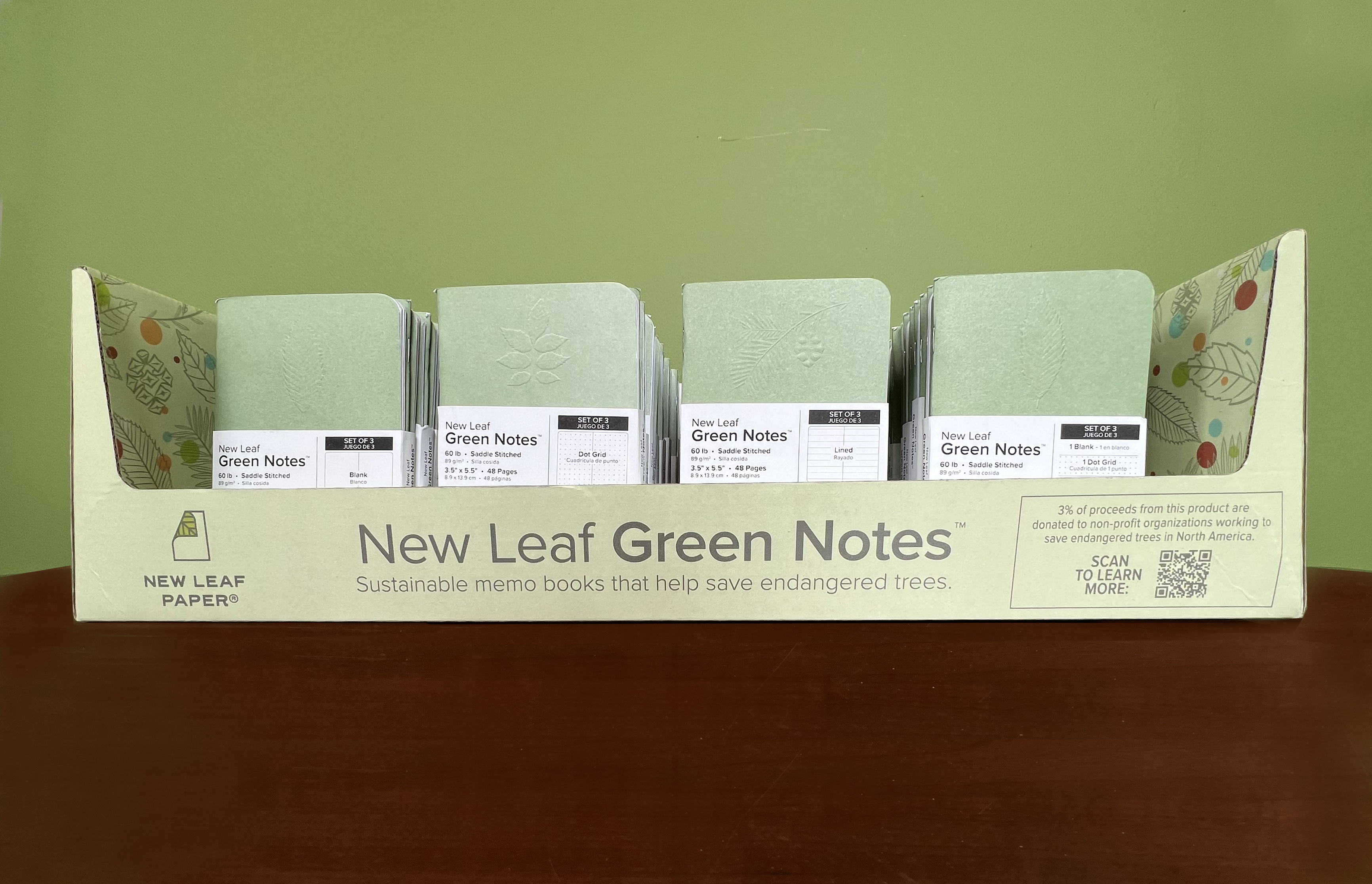 New Leaf Paper® Green Notes™ 100% Recycled, Sustainably Designed Reusable Corrugate Display, Contains 48 Packs of 3 Green Notes™ Pocket Notebooks With Assorted Embossed Covers
