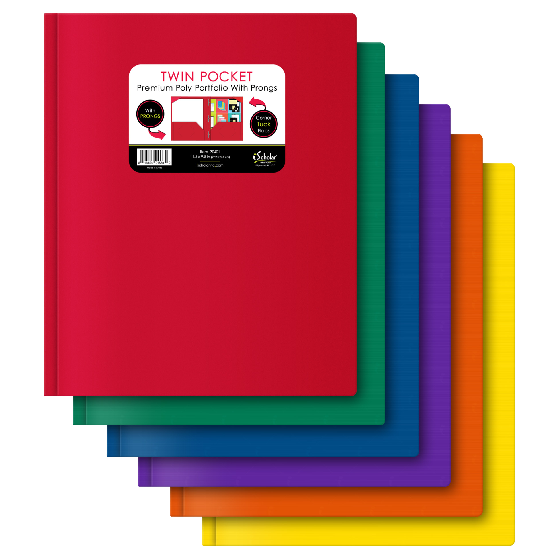 iScholar® 2-Pocket Poly Portfolio With Prongs, 11.5" x 9.5", Assorted Standard Colors