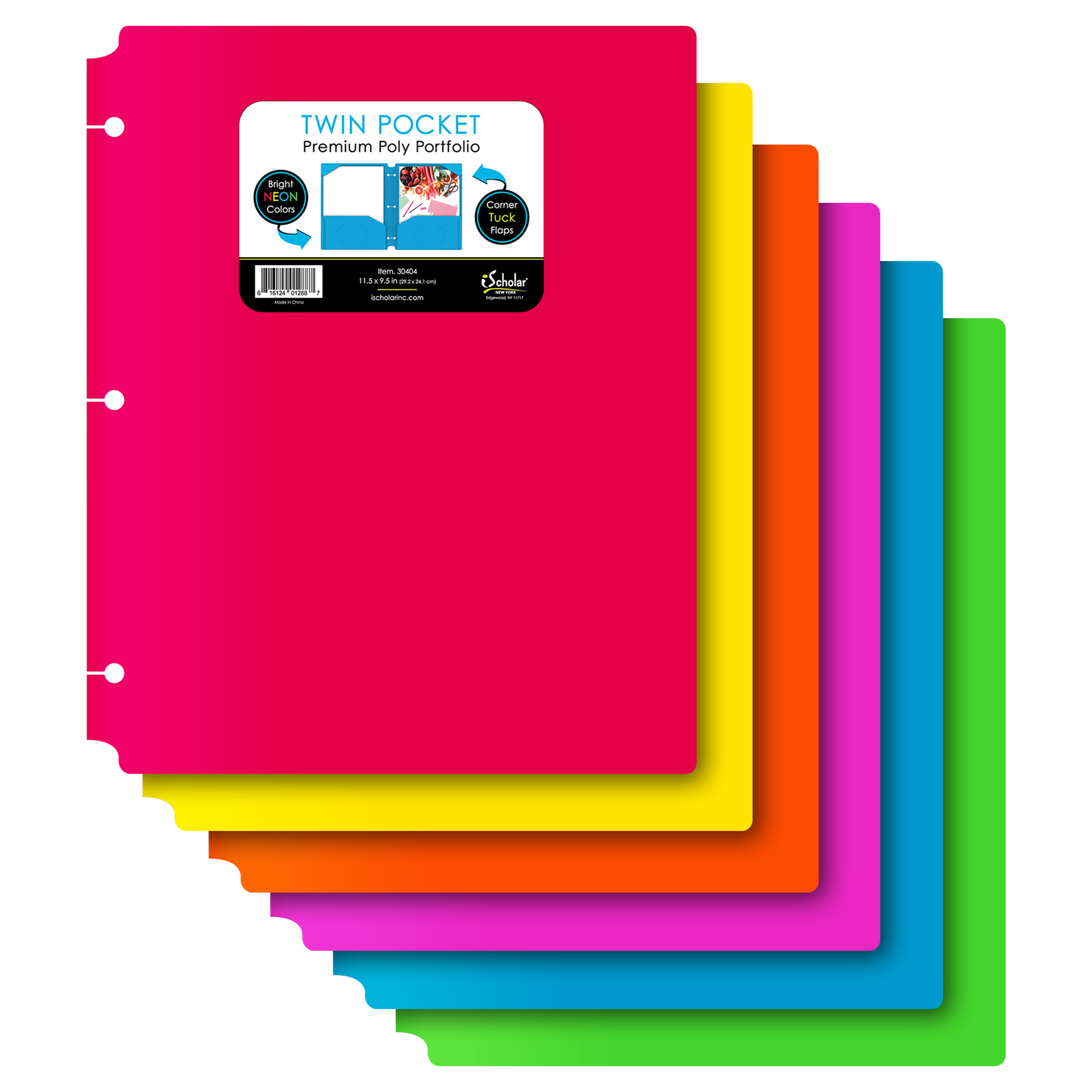 iScholar® 2-Pocket Snap-In Poly Portfolio, 11.5" x 9.5", Assorted Neon Colors